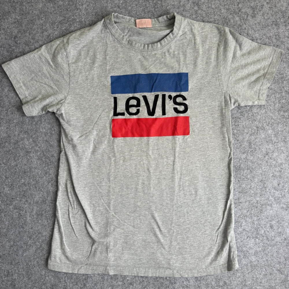 Levis Men XL Graphic Logo T Shirt Gray Short Sleeve Cotton Blend Retro Tee